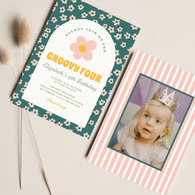 Daisy Floral Green pink Groovy Girl  Birthday Invitation (Creator Uploaded)