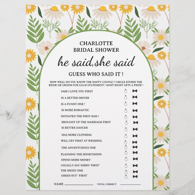 Daisy Floral He said She said Bridal Shower Game  Flyer (Front)