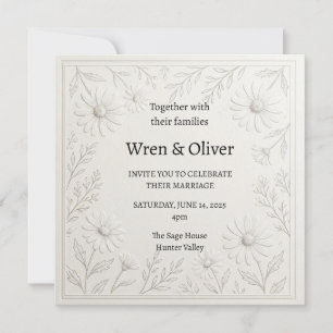 Daisy Floral Line Art Wedding Invitation Minimal