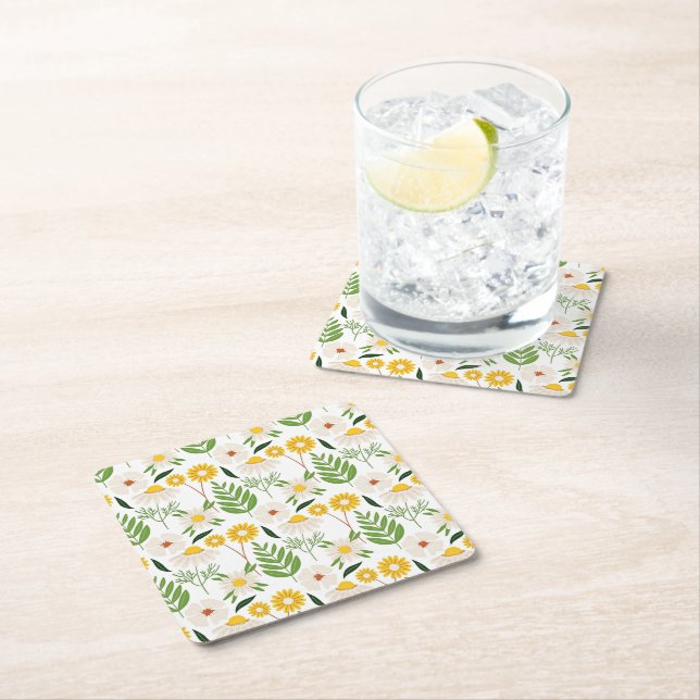 Daisy Floral Pattern Square Paper Coaster (Insitu)