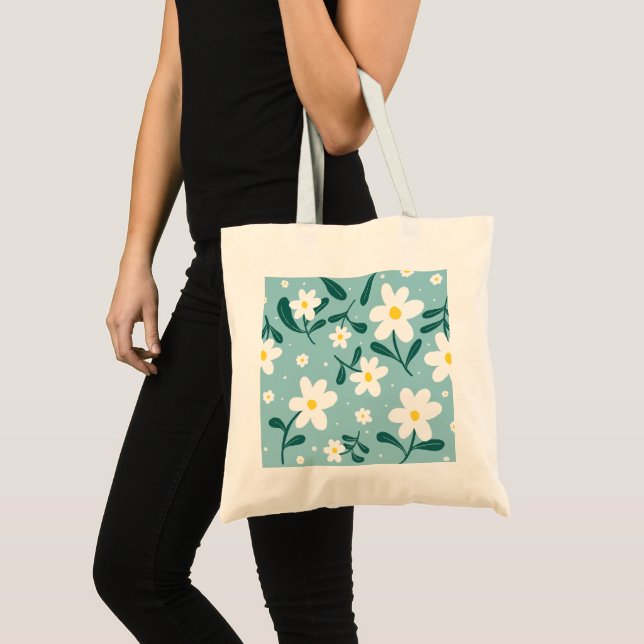 Daisy Floral Pattern - Teal & White Retro Tote Bag (Front (Product))