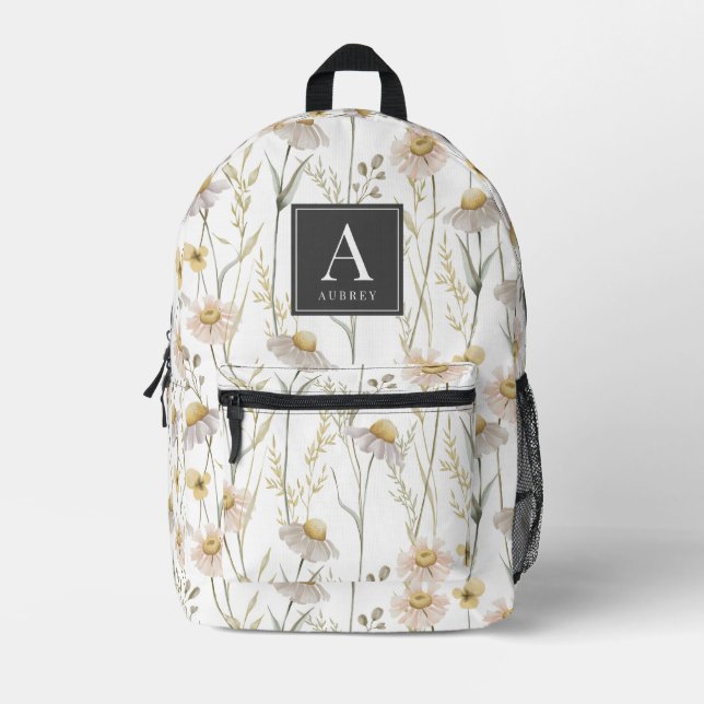Daisy Floral Pattern Watercolor Monogram Printed Backpack (Front)