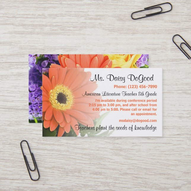 Daisy Floral Peachy Teacher Info Business Card (Front/Back In Situ)