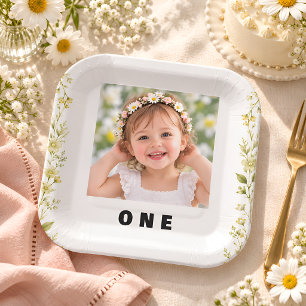 Daisy Floral Photo 1st Birthday Paper Plates