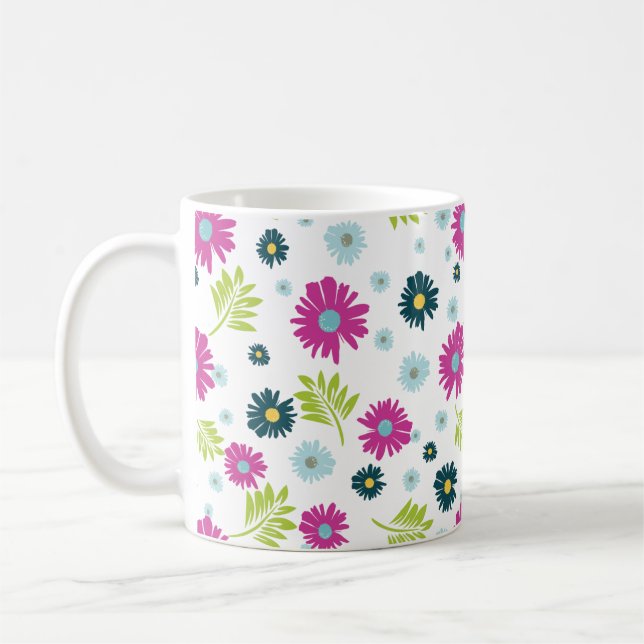 Daisy Floral Pink Blue Green Leaf Pattern Coffee Mug (Left)