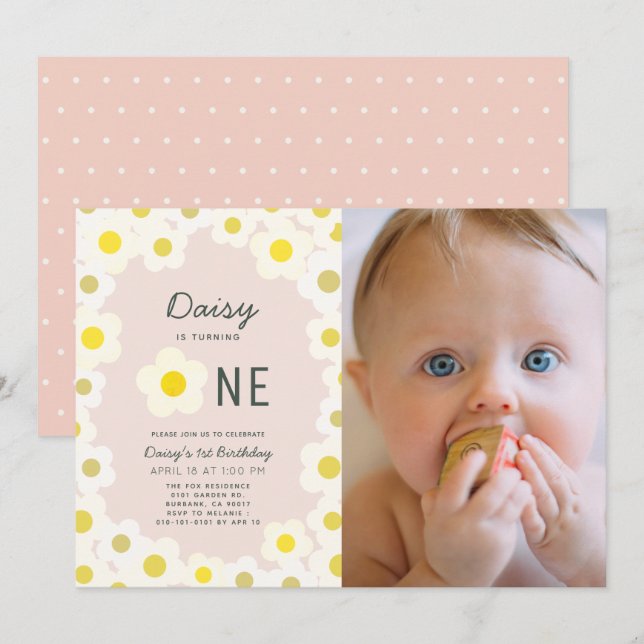 Daisy Floral Pink Photo 1st Birthday Invitation (Front/Back)