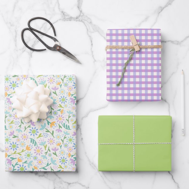 Daisy Floral & Purple Gingham Wrapping Paper Sheet (Front)