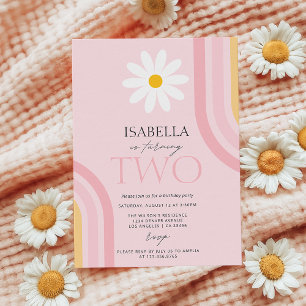 Daisy Floral Retro Pink Two Birthday Party Invitation