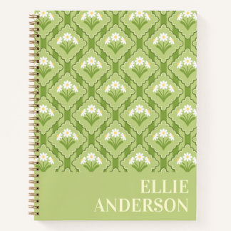 Daisy Floral Striped Pattern Green Yellow White Notebook