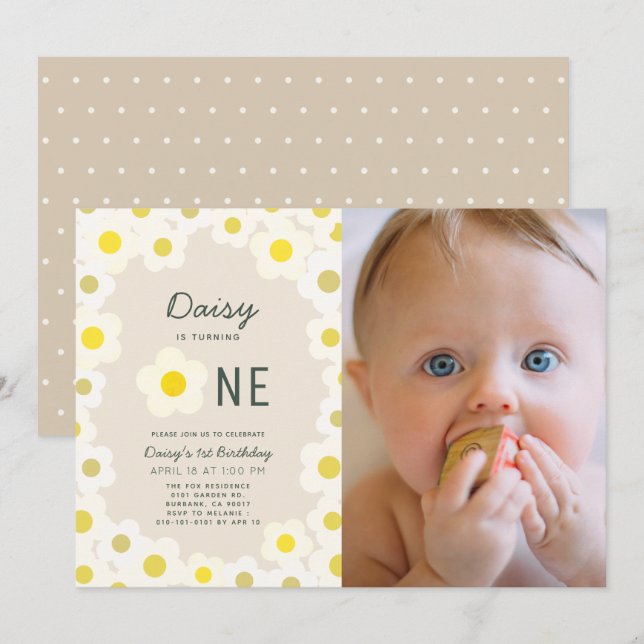 Daisy Floral Taupe Photo 1st Birthday Invitation (Front/Back)