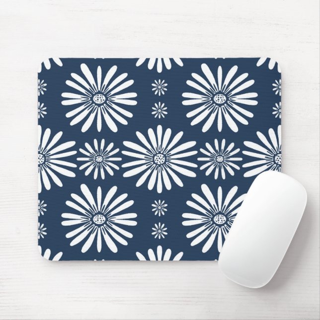 Daisy Floral Tile Pattern Blue White Mouse Mat (With Mouse)