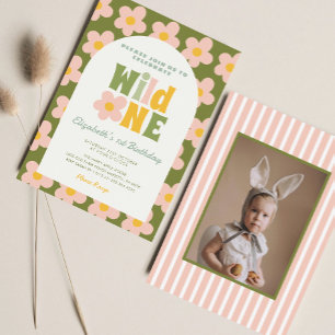 Daisy Floral Wild One Green pink Girl 1st Birthday Invitation