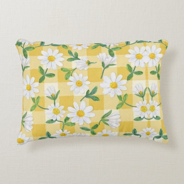 Daisy Floral Yellow Gingham Throw Pillow (Front)