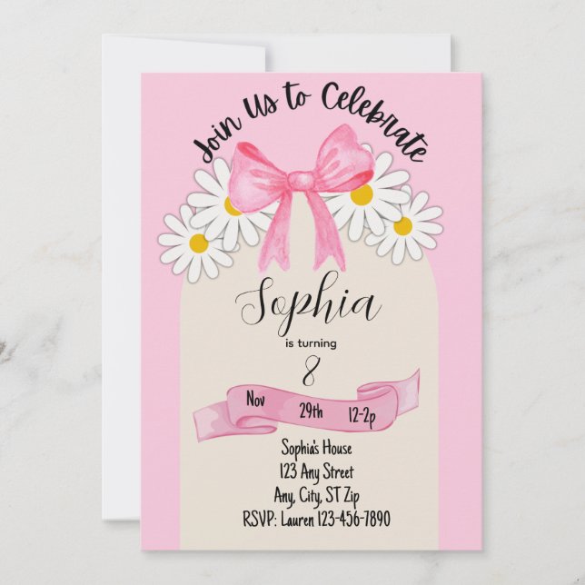 Daisy Flower and Bow Birthday Invitation (Front)