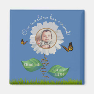 Daisy flower birth announcement personalised photo magnet