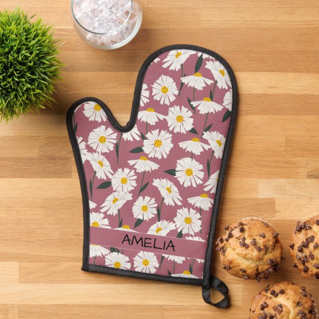 Daisy flower boho floral pattern personalised name oven mitt (Top down)
