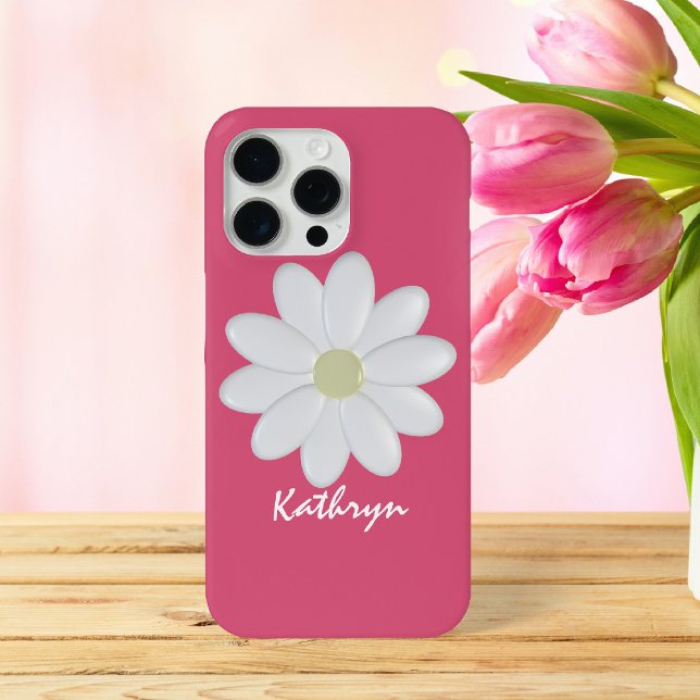 Daisy Flower Candy Pink Modern Floral Case-Mate iPhone Case (A cute candy pink and white daisy phone case with space for your name)
