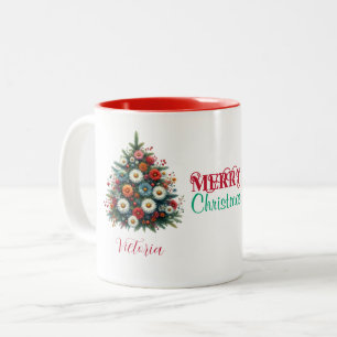Daisy Flower Christmas Tree Merry Christmas Name Two-Tone Coffee Mug