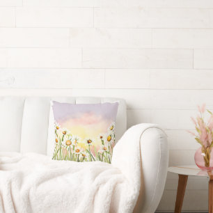 Daisy Flower field sunset Painting watercolor Cushion