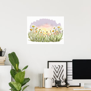 Daisy Flower field sunset Painting watercolor Poster