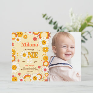 Daisy Flower First Birthday Photo Invitation Card