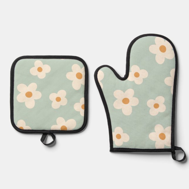 Daisy flower floral green pattern pastel colours oven mitt & pot holder set (Front)