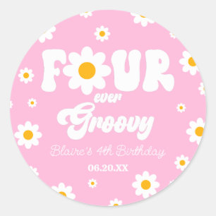 Daisy Flower Four Ever Groovy 4th Birthday Party Classic Round Sticker
