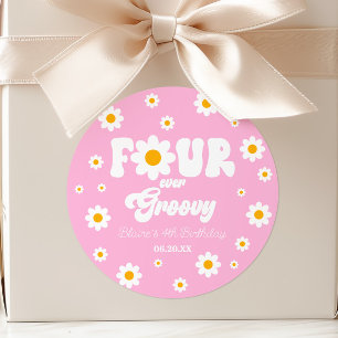 Daisy Flower Four Ever Groovy 4th Birthday Party Classic Round Sticker