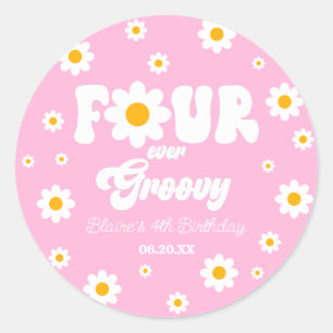 Daisy Flower Four Ever Groovy 4th Birthday Party Classic Round Sticker