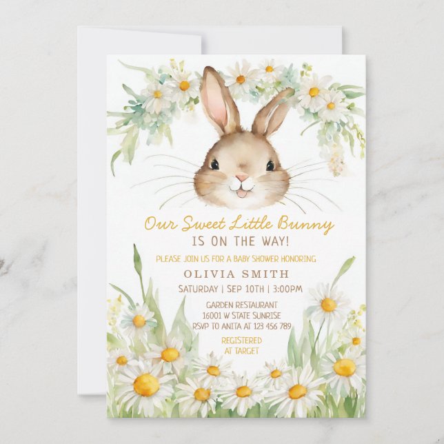 Daisy Flower Garden Bunny Rabbit Baby Shower  Invitation (Front)
