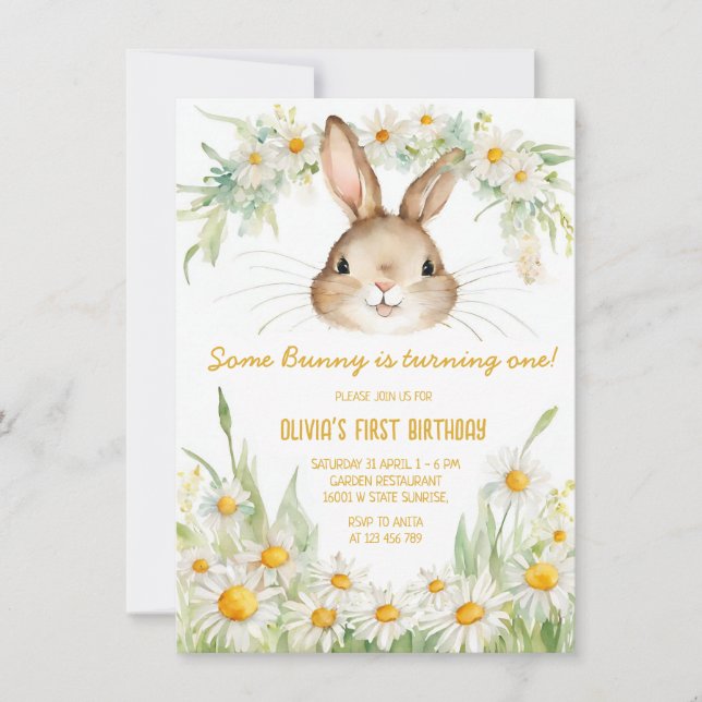 Daisy Flower Garden Bunny Rabbit Birthday Invitation (Front)
