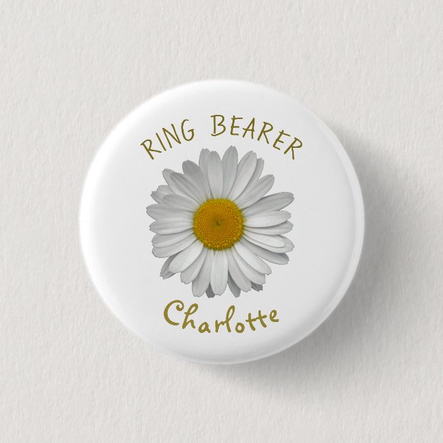Daisy Flower Gold Name Ring Bearer 3 Cm Round Badge (Front)