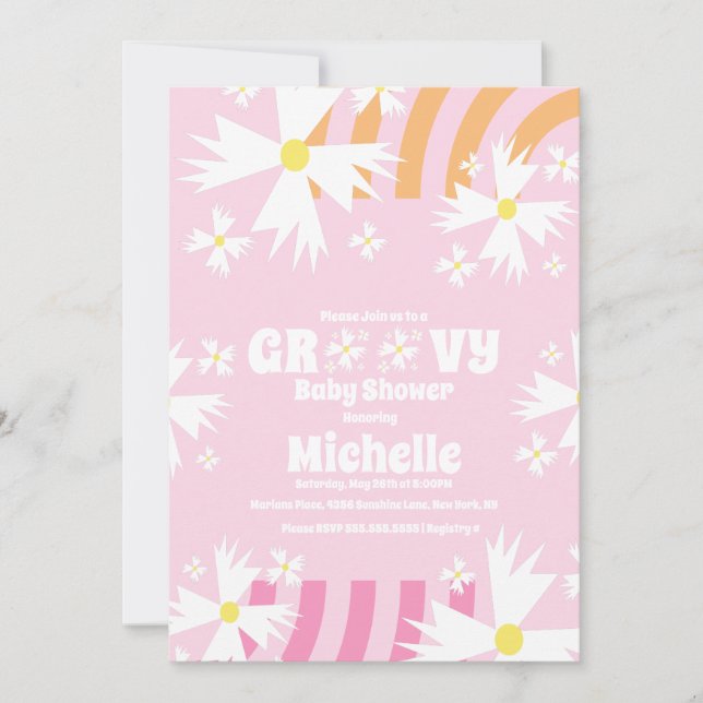 Daisy Flower Groovy Baby Shower  Pink Orange  Invitation (Front)
