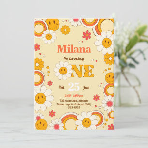 Daisy Flower Groovy First Birthday Invitation Card