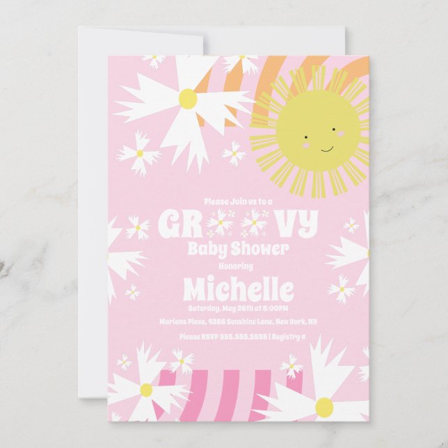Daisy Flower Groovy Sun Rainbow Baby Shower  Invitation (Front)