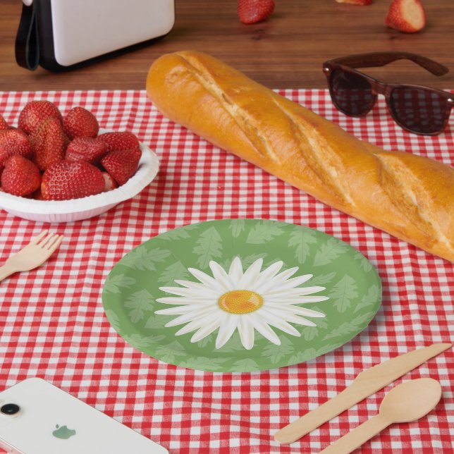 Daisy Flower Illustration On A Green Background Paper Plate (Picnic)