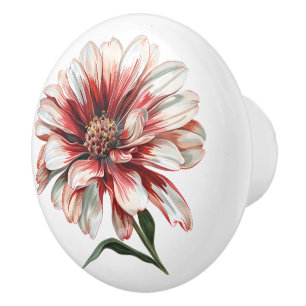 Daisy Flower In Red White  Ceramic Knob