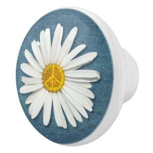 Daisy Flower Inner PEACE Symbol Sign Blue Denim Ceramic Knob