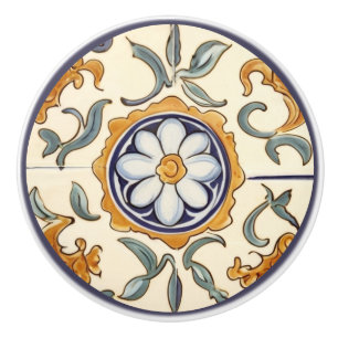 Daisy Flower Mediterranean Blue Cream Floral Ceramic Knob