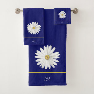 Daisy Flower & Monogram on Navy Blue Bath Towel Set