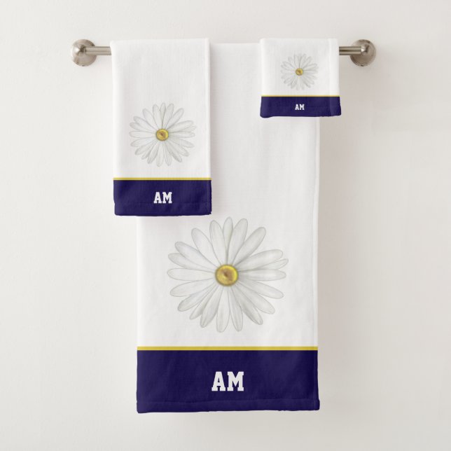 Daisy Flower & monogram on navy blue & white bath Bath Towel Set (Insitu)