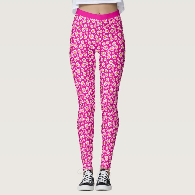 Daisy Flower Pattern On Trendy Hot Pink Background Leggings (Front)
