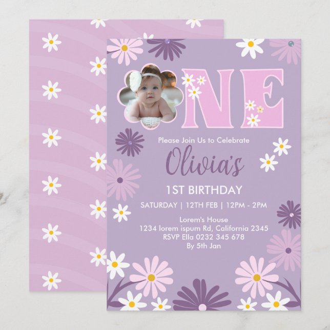 Daisy Flower Photo One Girl 1st Birthday Invitation (Front/Back)