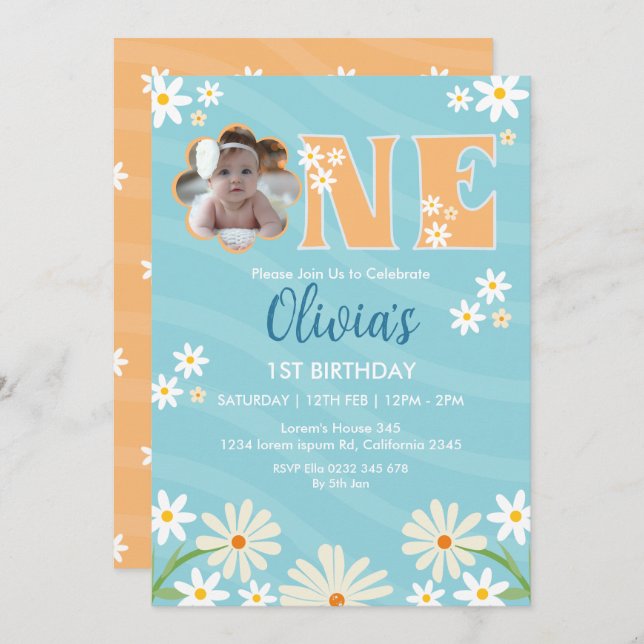 Daisy Flower Photo One Girl daisy 1st Birthday Invitation (Front/Back)