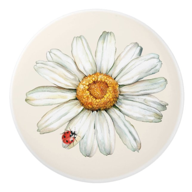 Daisy Flower Red Black Ladybug Ceramic Knob (Front)