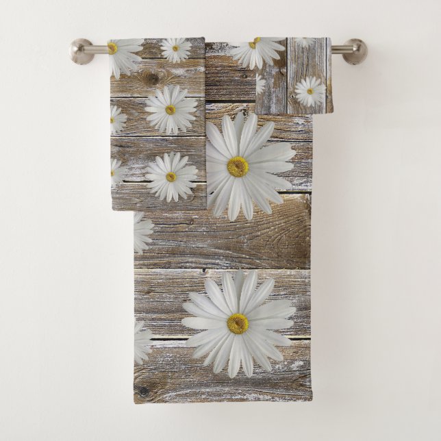 Daisy Flower Rustic Barn Board Bath Towel Set (Insitu)
