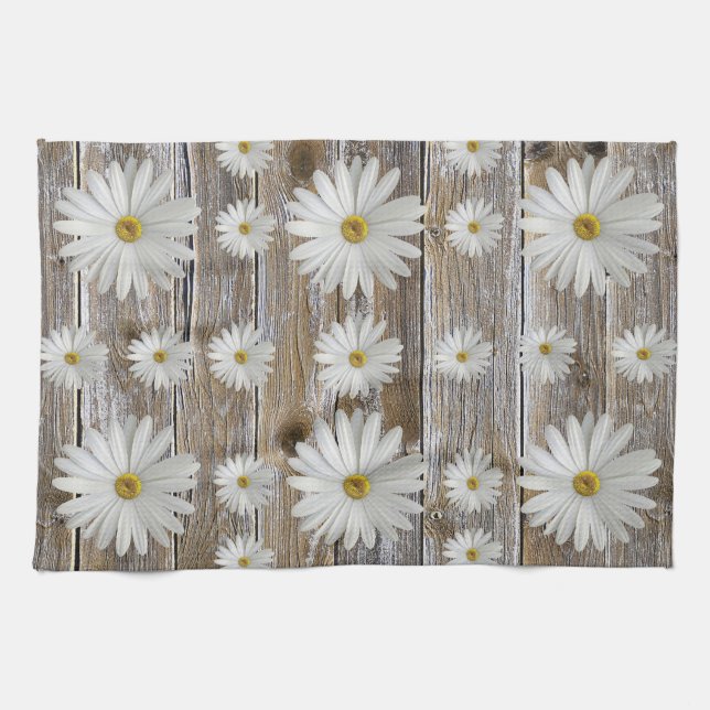 Daisy Flower, Rustic Barn Board Kitchen Towels (Horizontal)