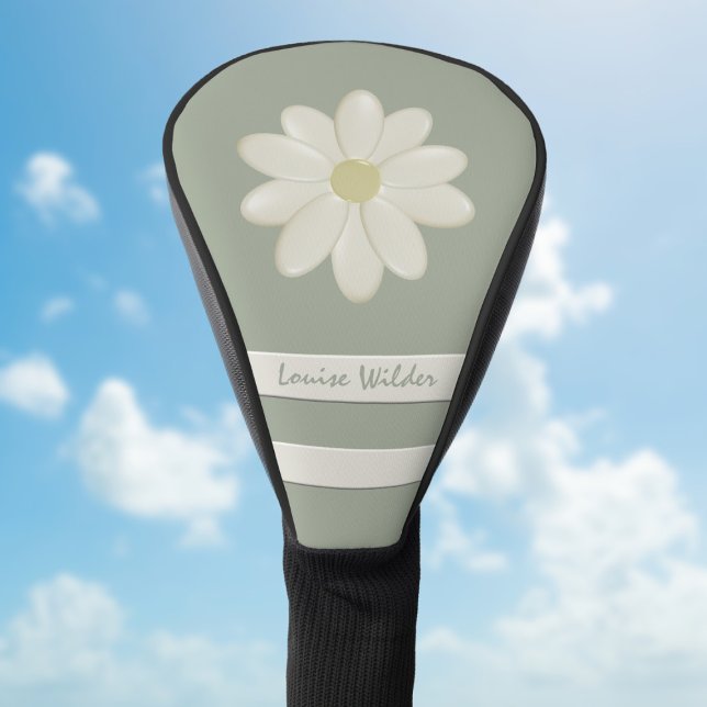 Daisy Flower Stripes Name Sage Green Golf Head Cover (A pretty sage green golf head cover with space for your name)