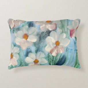 Daisy Flower Watercolor with Blues Decorative Cushion