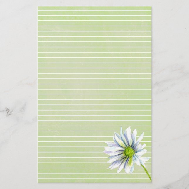 Daisy Flower White Lined Sage Green Stationery (Front)